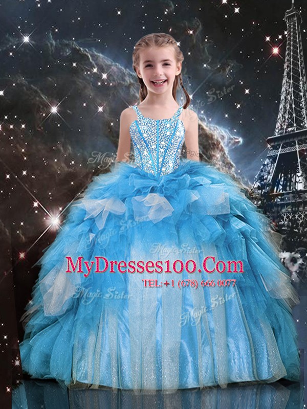 Baby Blue Organza Lace Up Little Girl Pageant Dress Sleeveless Floor Length Beading and Ruffles
