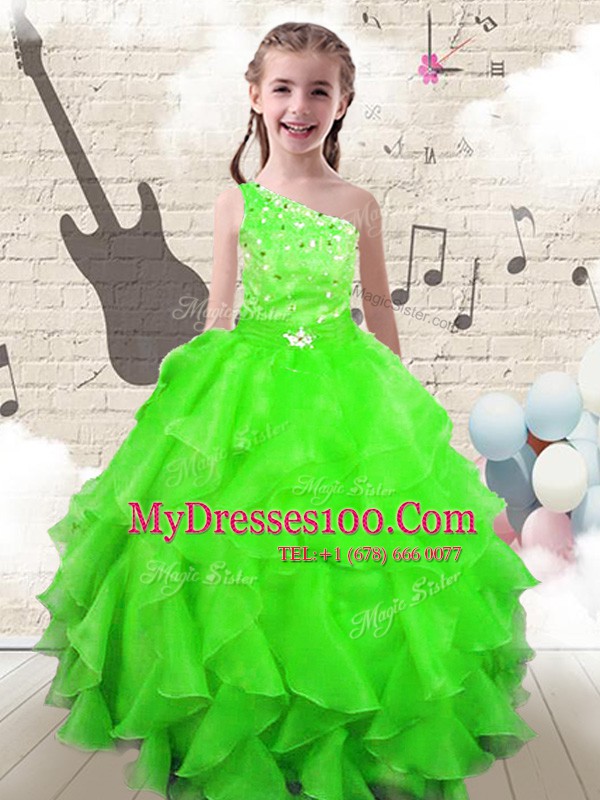 Eye-catching One Shoulder Sleeveless Lace Up Floor Length Beading and Ruffles Kids Formal Wear