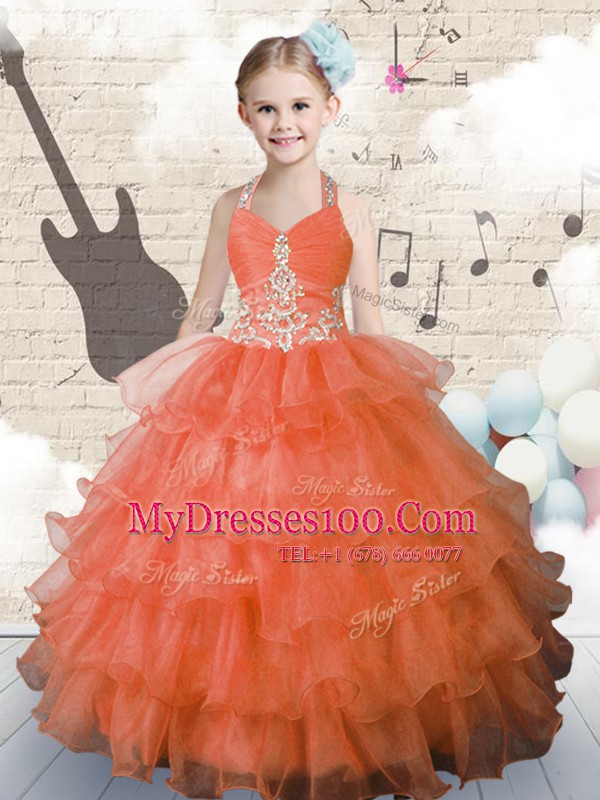 Great Halter Top Ruffled Floor Length Ball Gowns Sleeveless Orange Flower Girl Dresses for Less Lace Up