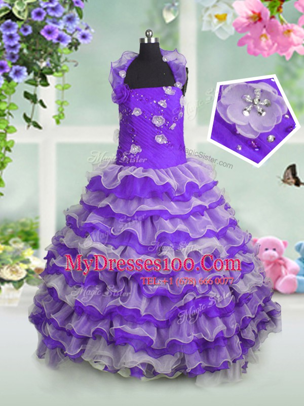 Glamorous Lavender Organza Lace Up Little Girl Pageant Dress Sleeveless Floor Length Beading and Appliques and Ruffled Layers