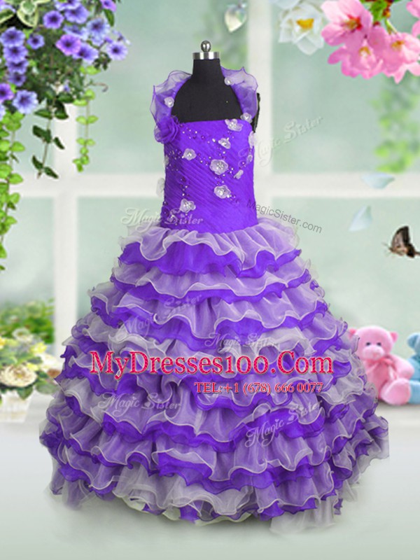 Glamorous Lavender Organza Lace Up Little Girl Pageant Dress Sleeveless Floor Length Beading and Appliques and Ruffled Layers