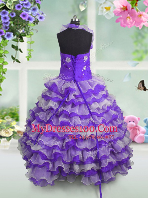 Glamorous Lavender Organza Lace Up Little Girl Pageant Dress Sleeveless Floor Length Beading and Appliques and Ruffled Layers