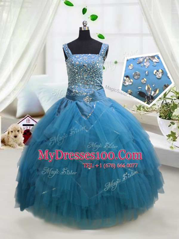 Pretty Sleeveless Tulle Floor Length Lace Up Girls Pageant Dresses in Aqua Blue with Beading and Ruffles