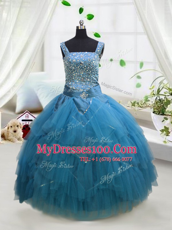 Pretty Sleeveless Tulle Floor Length Lace Up Girls Pageant Dresses in Aqua Blue with Beading and Ruffles