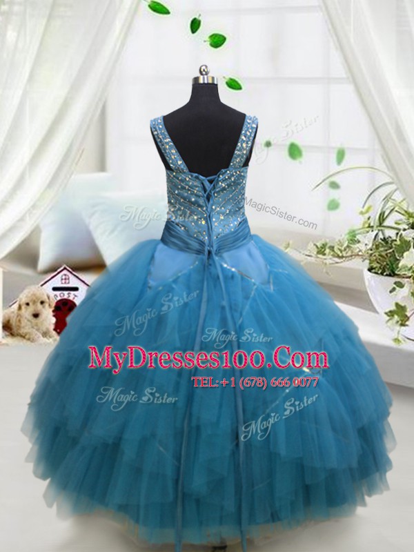 Pretty Sleeveless Tulle Floor Length Lace Up Girls Pageant Dresses in Aqua Blue with Beading and Ruffles
