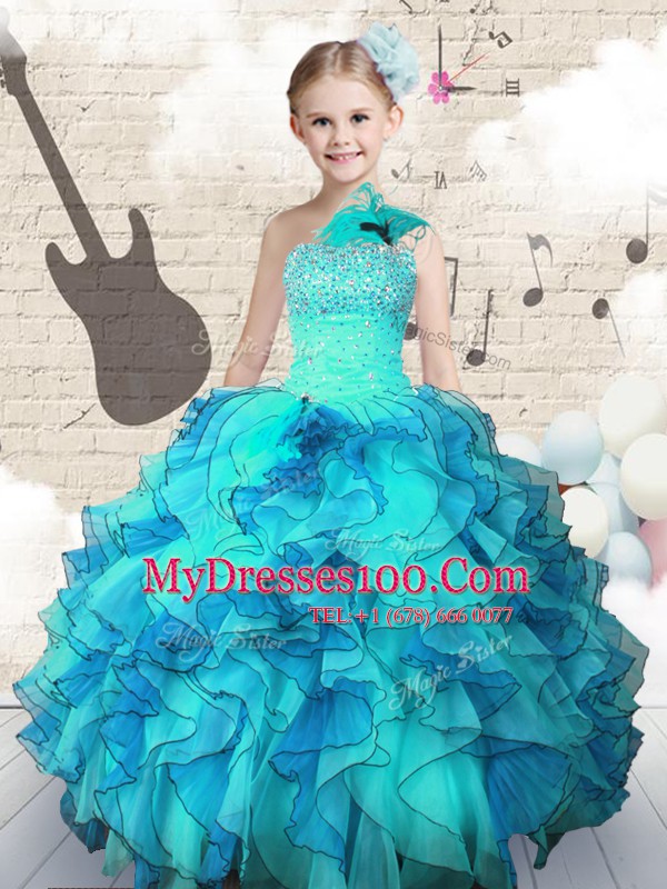 Aqua Blue Lace Up One Shoulder Beading and Ruffles Little Girls Pageant Dress Wholesale Organza Sleeveless