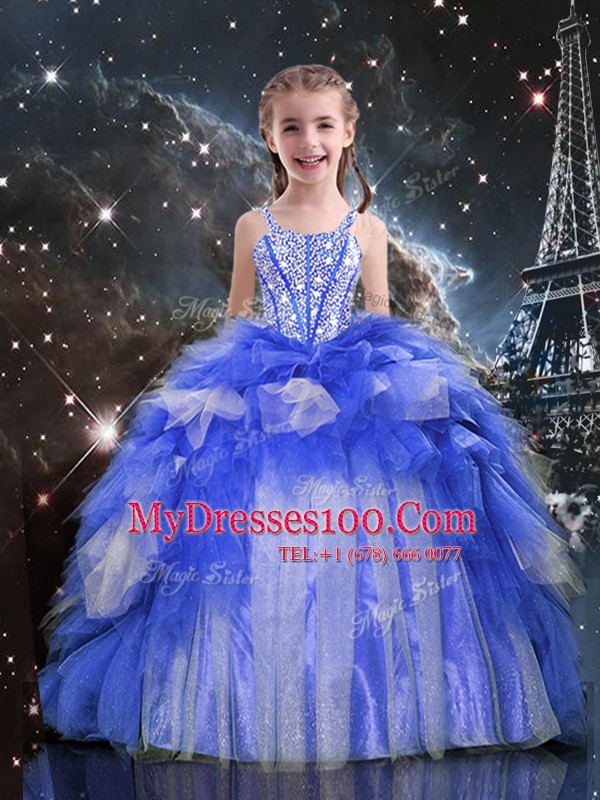 Free and Easy Organza Spaghetti Straps Sleeveless Lace Up Beading and Ruffles Little Girls Pageant Dress in Blue