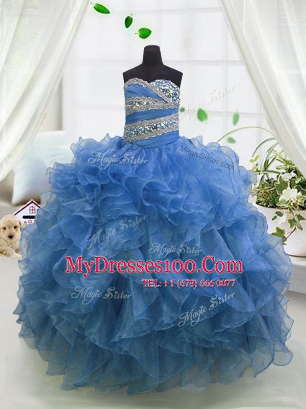 Floor Length Ball Gowns Sleeveless Blue Little Girls Pageant Dress Lace Up