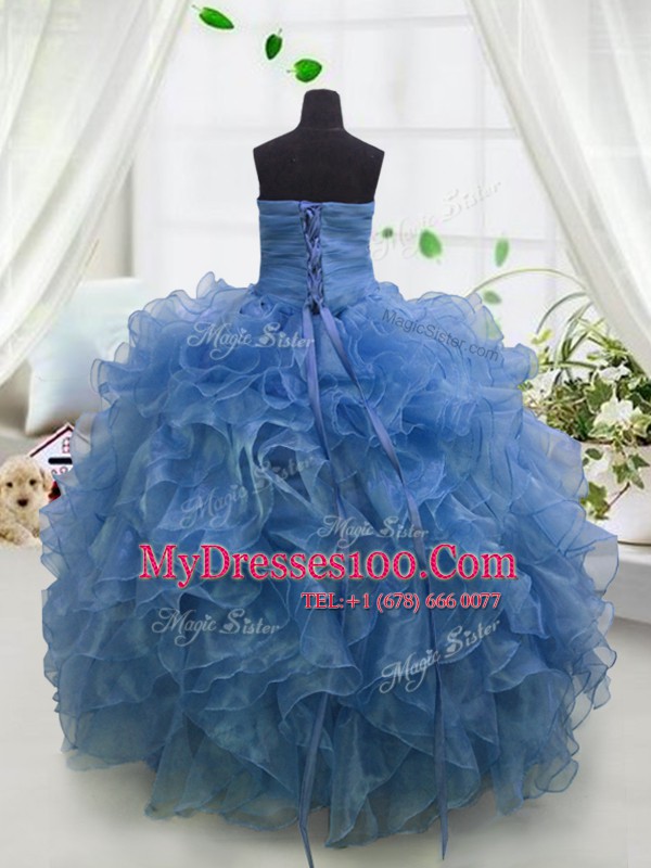 Floor Length Ball Gowns Sleeveless Blue Little Girls Pageant Dress Lace Up