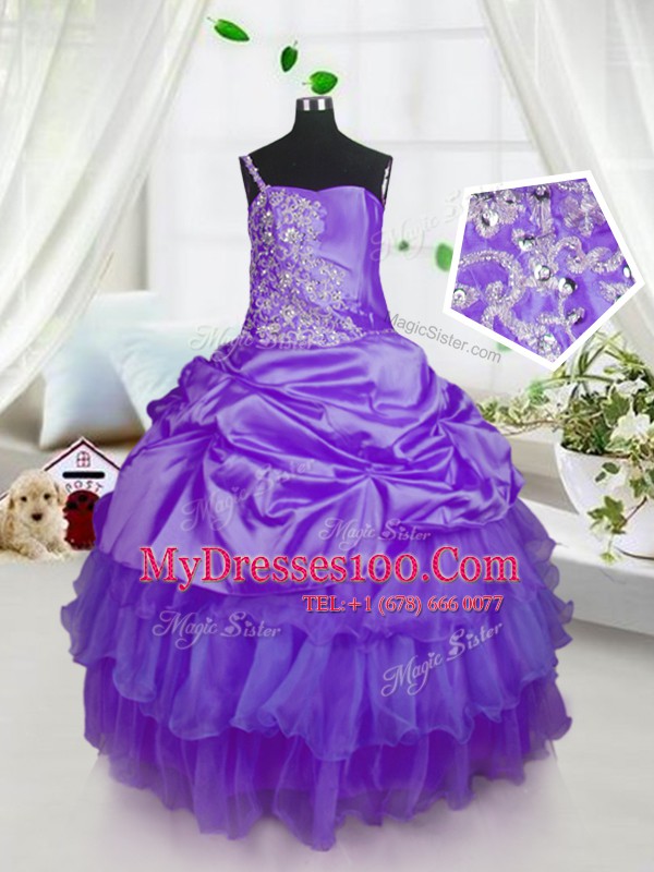 Pick Ups Ruffled Floor Length Purple Child Pageant Dress Strapless Sleeveless Lace Up