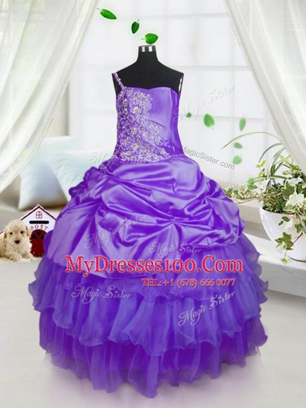 Pick Ups Ruffled Floor Length Purple Child Pageant Dress Strapless Sleeveless Lace Up