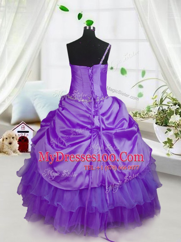 Pick Ups Ruffled Floor Length Purple Child Pageant Dress Strapless Sleeveless Lace Up