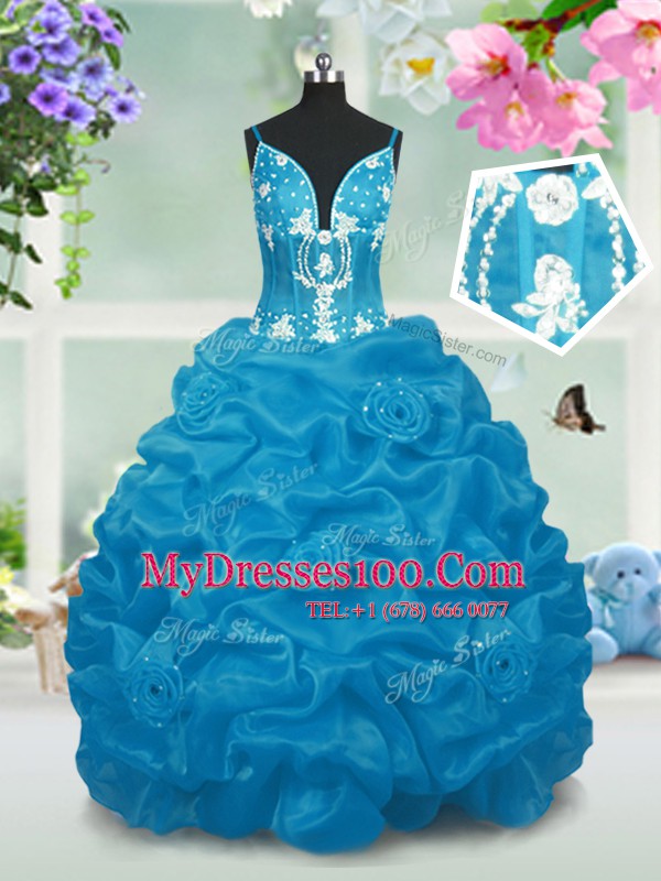 Simple Sleeveless Taffeta Floor Length Lace Up Little Girl Pageant Gowns in Baby Blue with Beading and Pick Ups