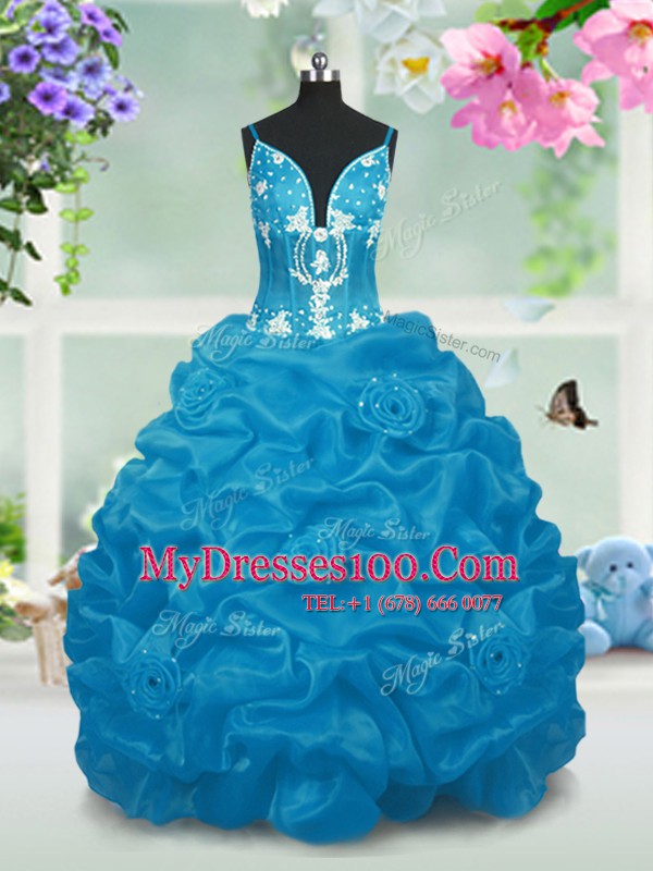 Simple Sleeveless Taffeta Floor Length Lace Up Little Girl Pageant Gowns in Baby Blue with Beading and Pick Ups