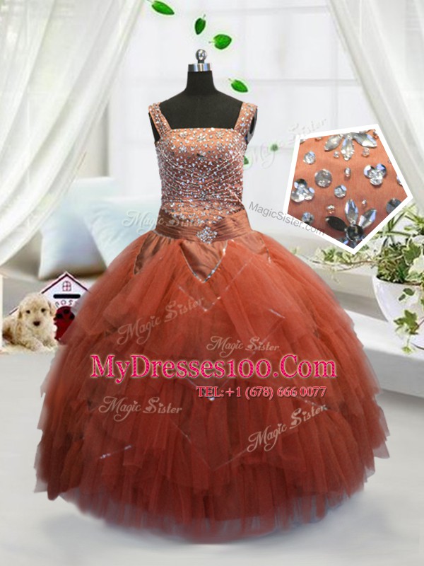 Fashion Orange Red Lace Up Straps Beading and Ruffles Little Girls Pageant Dress Tulle Sleeveless