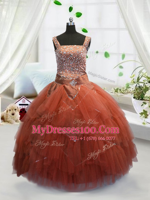 Fashion Orange Red Lace Up Straps Beading and Ruffles Little Girls Pageant Dress Tulle Sleeveless