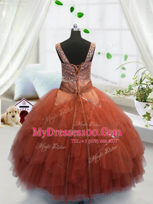 Fashion Orange Red Lace Up Straps Beading and Ruffles Little Girls Pageant Dress Tulle Sleeveless