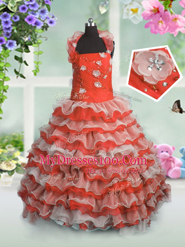 Ruffled Floor Length Coral Red Kids Formal Wear Straps Sleeveless Lace Up