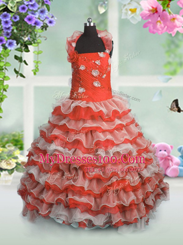 Ruffled Floor Length Coral Red Kids Formal Wear Straps Sleeveless Lace Up