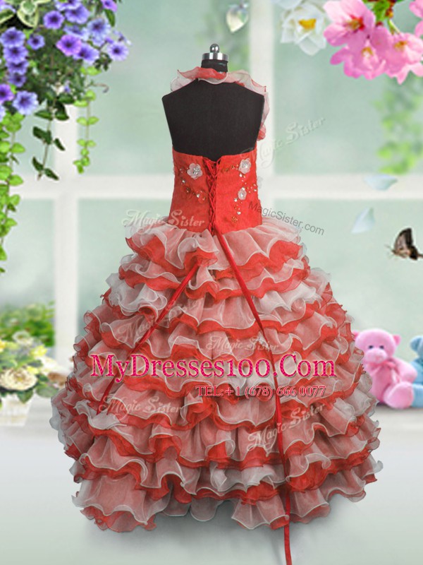 Ruffled Floor Length Coral Red Kids Formal Wear Straps Sleeveless Lace Up