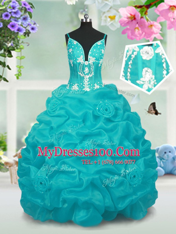Baby Blue Sleeveless Floor Length Beading and Pick Ups Lace Up Little Girl Pageant Gowns