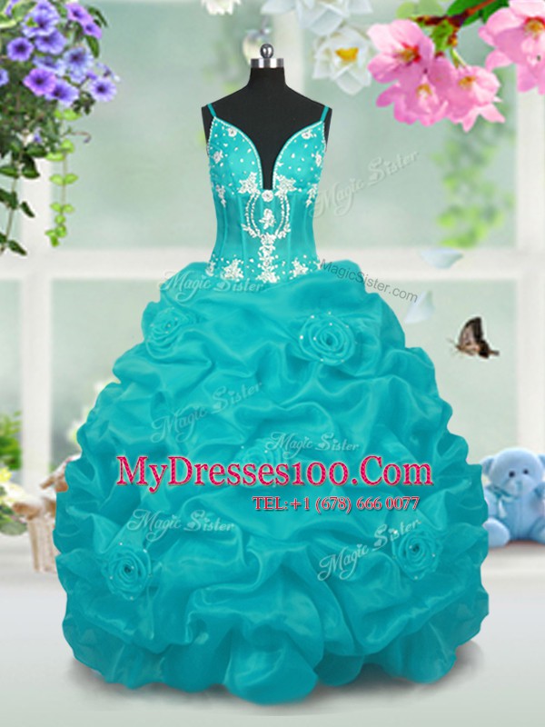 Baby Blue Sleeveless Floor Length Beading and Pick Ups Lace Up Little Girl Pageant Gowns