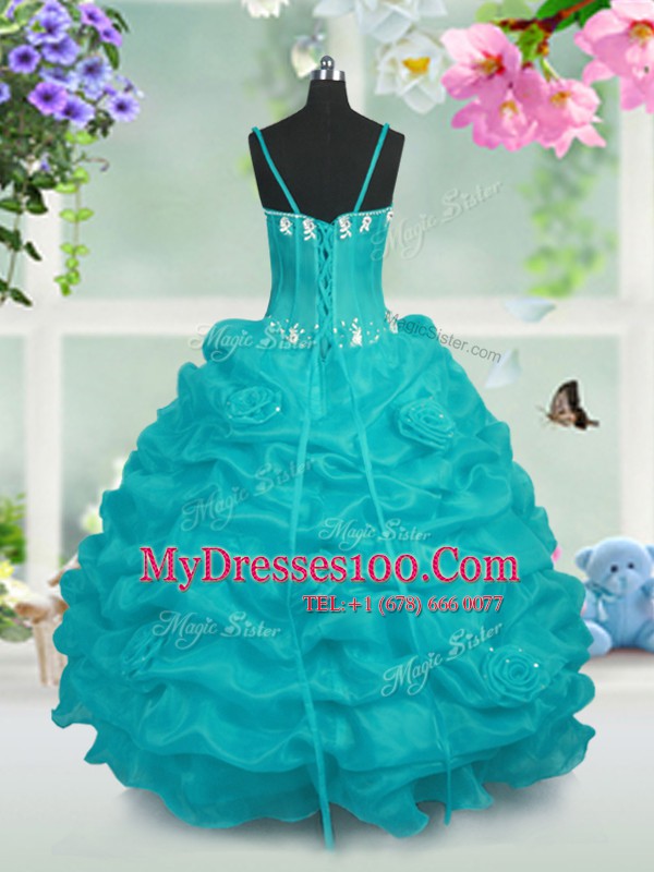 Baby Blue Sleeveless Floor Length Beading and Pick Ups Lace Up Little Girl Pageant Gowns