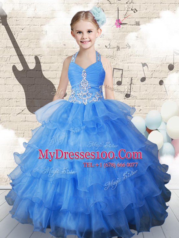 Halter Top Sleeveless Floor Length Beading and Ruffled Layers Lace Up Toddler Flower Girl Dress with Light Blue