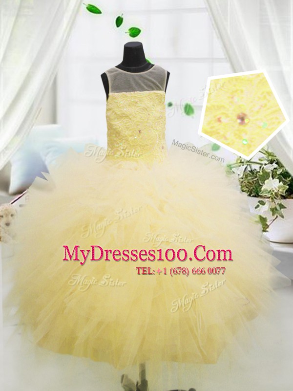 Ball Gowns Little Girl Pageant Gowns Light Yellow Scoop Tulle Sleeveless Floor Length Zipper
