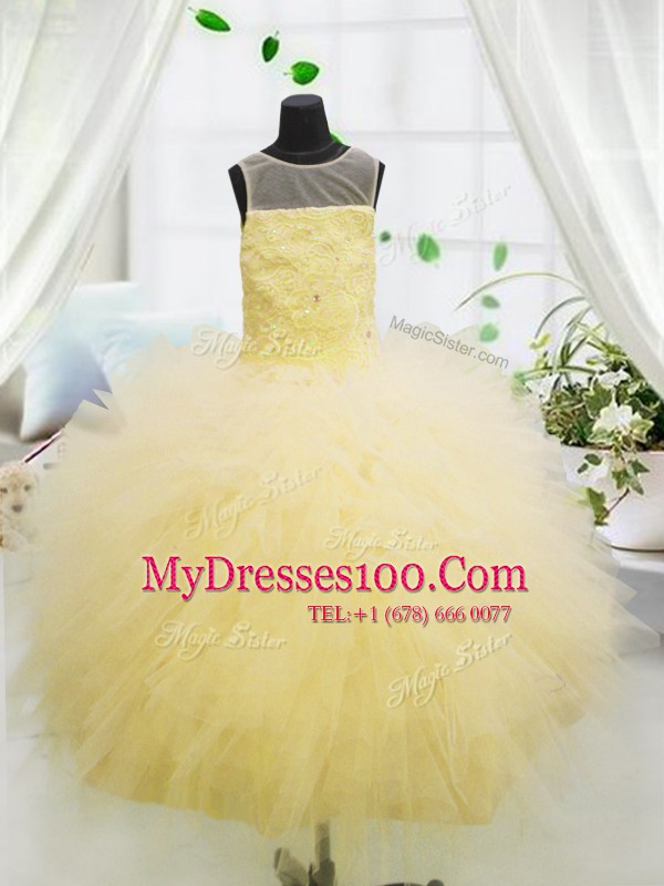 Ball Gowns Little Girl Pageant Gowns Light Yellow Scoop Tulle Sleeveless Floor Length Zipper