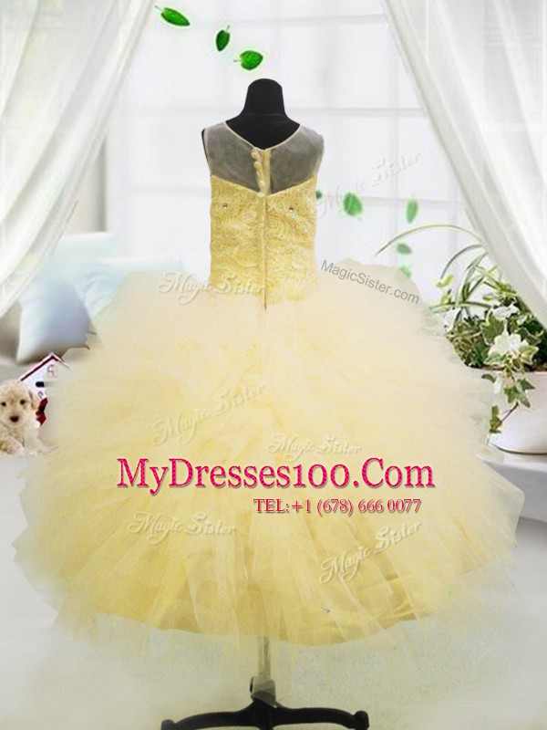 Ball Gowns Little Girl Pageant Gowns Light Yellow Scoop Tulle Sleeveless Floor Length Zipper