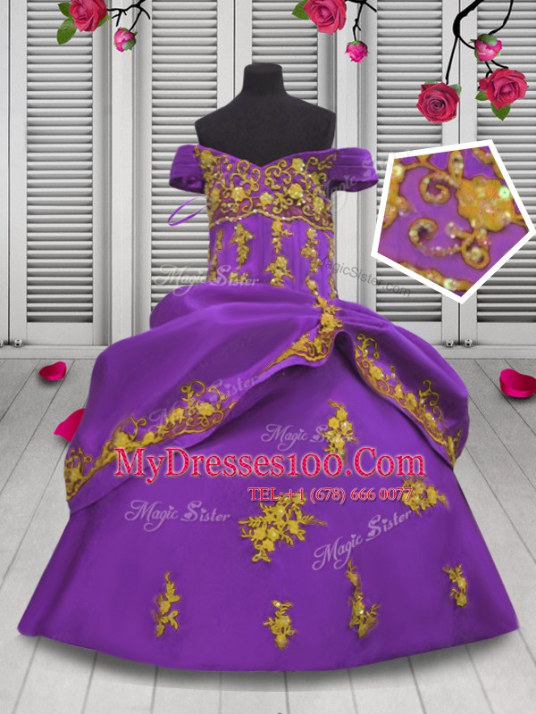 Straps Sleeveless Kids Formal Wear Floor Length Beading and Appliques Lilac Satin