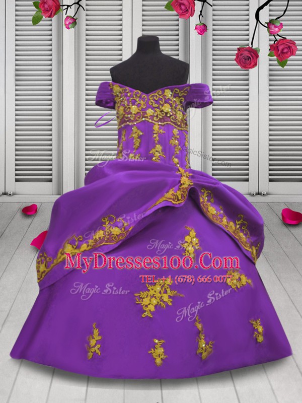 Straps Sleeveless Kids Formal Wear Floor Length Beading and Appliques Lilac Satin