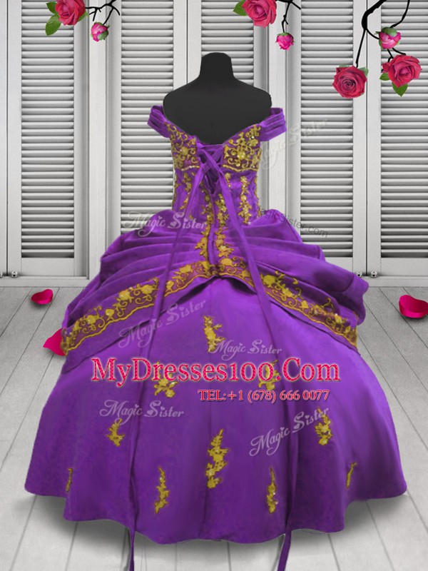 Straps Sleeveless Kids Formal Wear Floor Length Beading and Appliques Lilac Satin