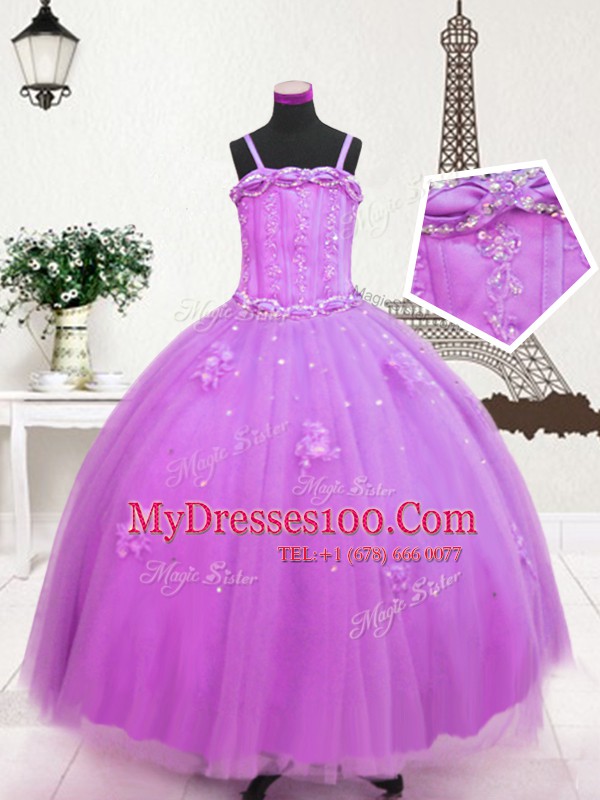 Low Price Lilac Tulle Zipper Spaghetti Straps Sleeveless Floor Length Pageant Gowns For Girls Beading and Appliques