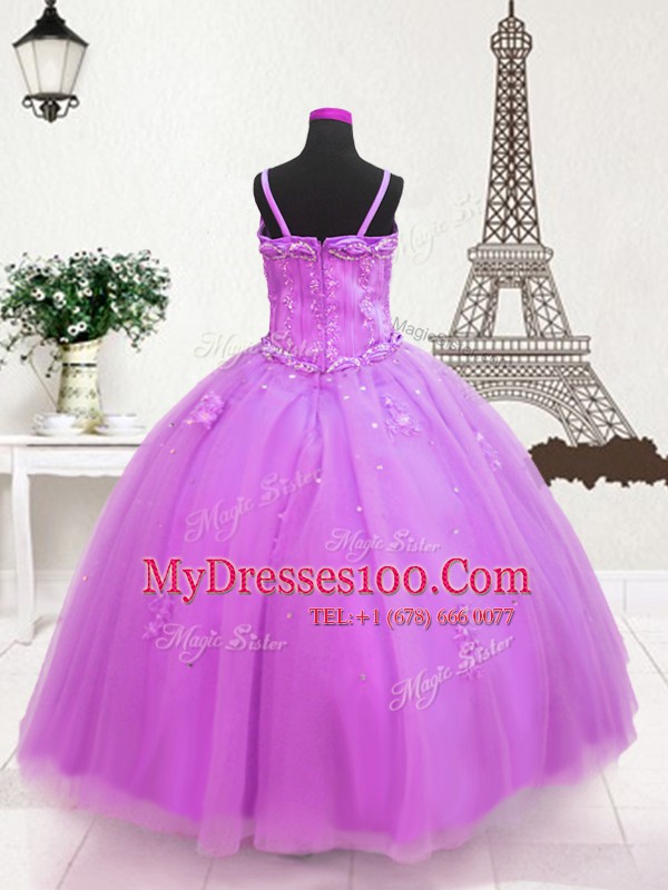 Low Price Lilac Tulle Zipper Spaghetti Straps Sleeveless Floor Length Pageant Gowns For Girls Beading and Appliques