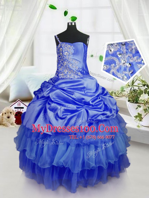 Exquisite Royal Blue Organza Lace Up Pageant Gowns For Girls Sleeveless Floor Length Beading and Ruffled Layers and Pick Ups