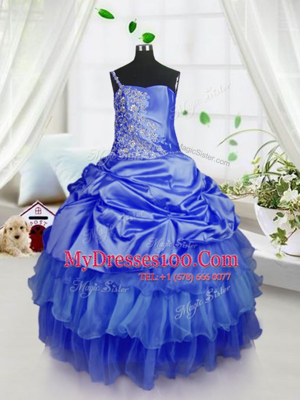 Exquisite Royal Blue Organza Lace Up Pageant Gowns For Girls Sleeveless Floor Length Beading and Ruffled Layers and Pick Ups