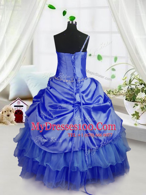 Exquisite Royal Blue Organza Lace Up Pageant Gowns For Girls Sleeveless Floor Length Beading and Ruffled Layers and Pick Ups