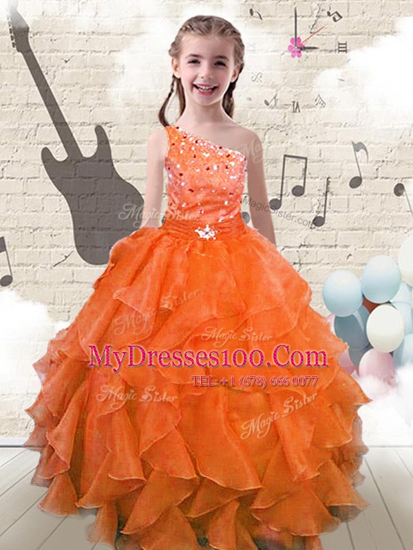One Shoulder Sleeveless Organza Toddler Flower Girl Dress Beading and Ruffles Lace Up