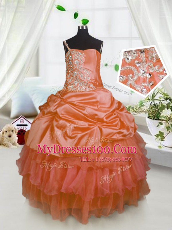 One Shoulder Orange Satin and Tulle Lace Up Flower Girl Dresses for Less Sleeveless Floor Length Beading and Ruffled Layers and Pick Ups