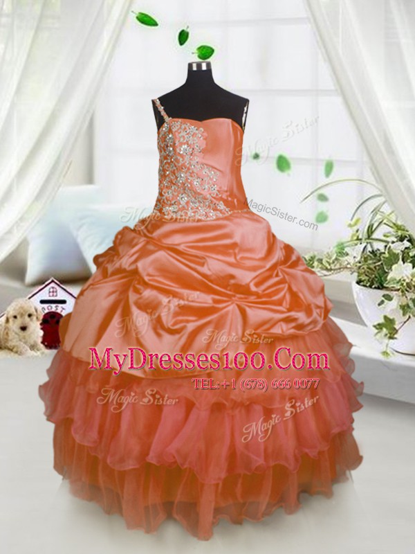 One Shoulder Orange Satin and Tulle Lace Up Flower Girl Dresses for Less Sleeveless Floor Length Beading and Ruffled Layers and Pick Ups