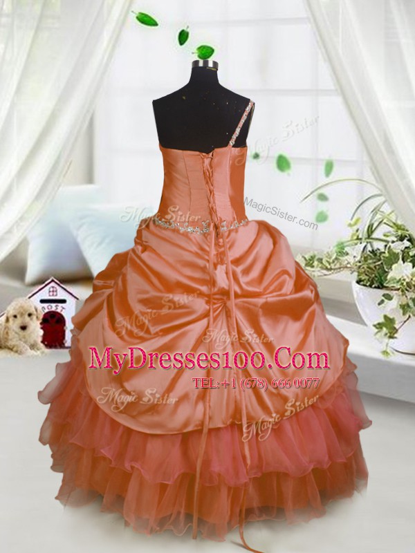One Shoulder Orange Satin and Tulle Lace Up Flower Girl Dresses for Less Sleeveless Floor Length Beading and Ruffled Layers and Pick Ups