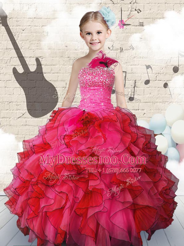 Fashionable One Shoulder Sleeveless Little Girls Pageant Dress Floor Length Beading and Ruffles Hot Pink Organza