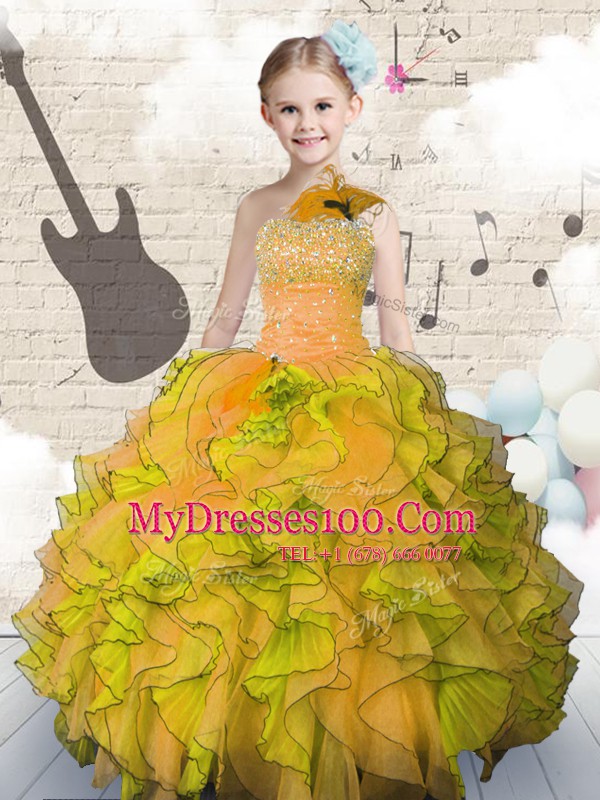 Organza Strapless Sleeveless Lace Up Beading and Ruffles Child Pageant Dress in Orange