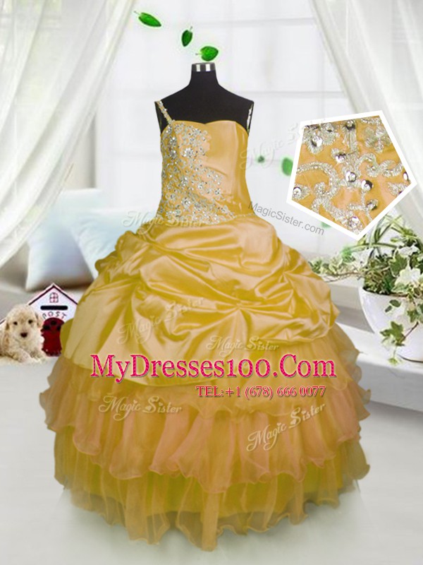 One Shoulder Beading and Ruffled Layers and Pick Ups Kids Formal Wear Orange Lace Up Sleeveless Floor Length