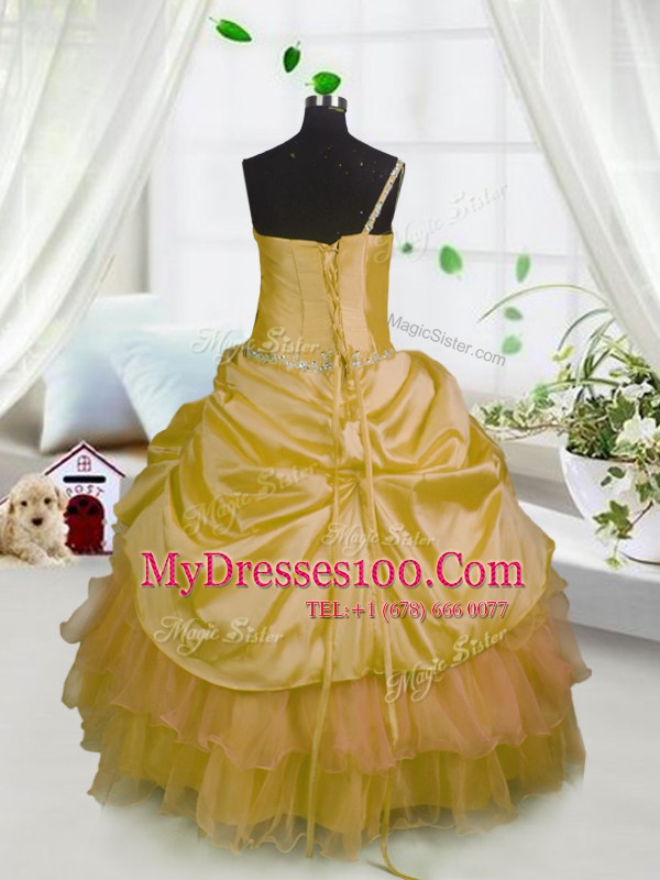 One Shoulder Beading and Ruffled Layers and Pick Ups Kids Formal Wear Orange Lace Up Sleeveless Floor Length