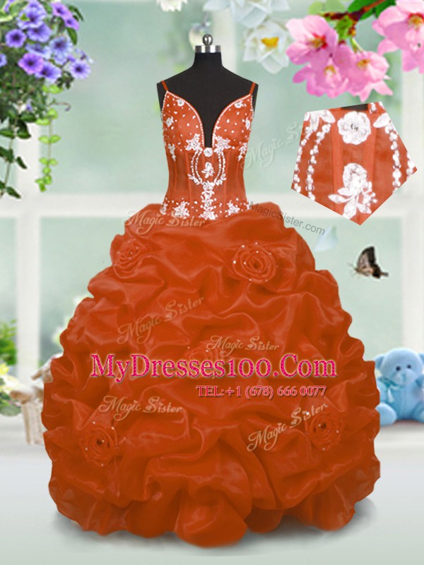 Modern Orange Toddler Flower Girl Dress Party and Wedding Party and For with Beading and Pick Ups V-neck Sleeveless Lace Up