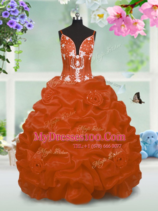 Modern Orange Toddler Flower Girl Dress Party and Wedding Party and For with Beading and Pick Ups V-neck Sleeveless Lace Up
