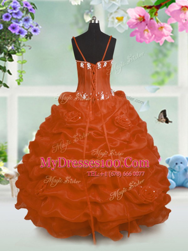 Modern Orange Toddler Flower Girl Dress Party and Wedding Party and For with Beading and Pick Ups V-neck Sleeveless Lace Up